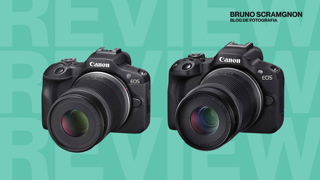 Câmeras Canon R100 e R50 com lente Canon RF-S 55-210mm
